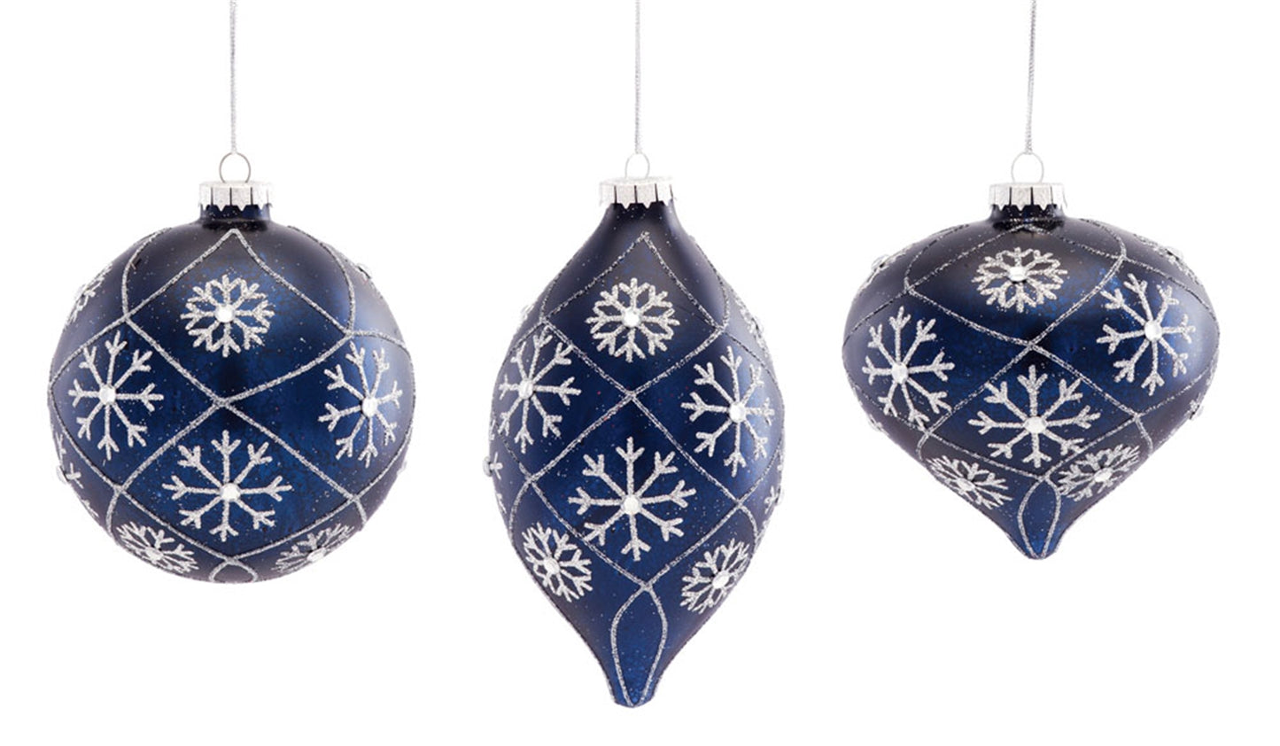 Navy & Shimmery Silver Glitter Snowflake Large Glass Ornament 4.5"H, 4.75"H, 6"H