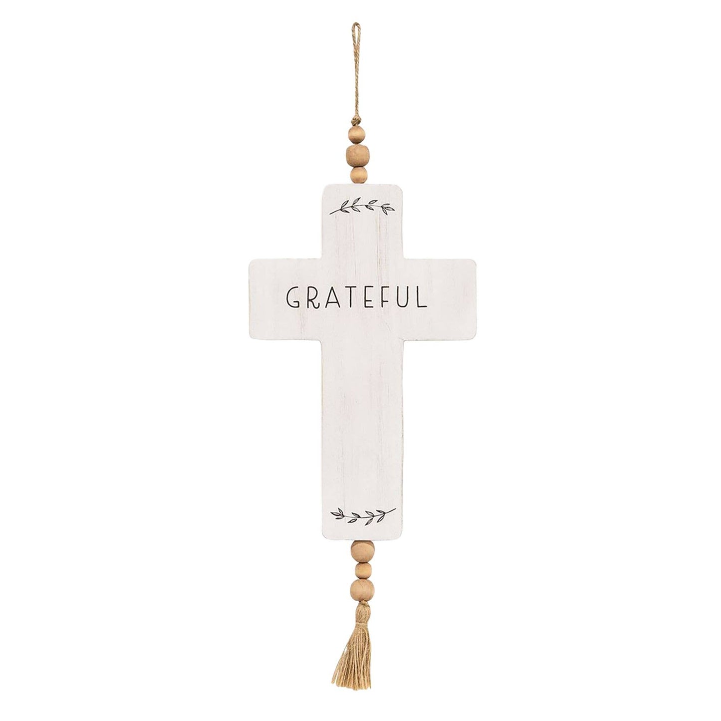 Grateful Cross Wood Ornament w/Beads & Tassel