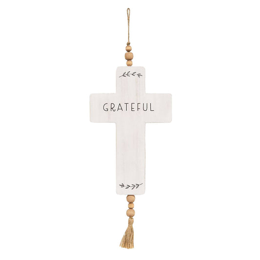 Grateful Cross Wood Ornament w/Beads & Tassel