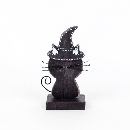 Spooky Black Cat with a Hat wooden cutout on stand 3x5x1