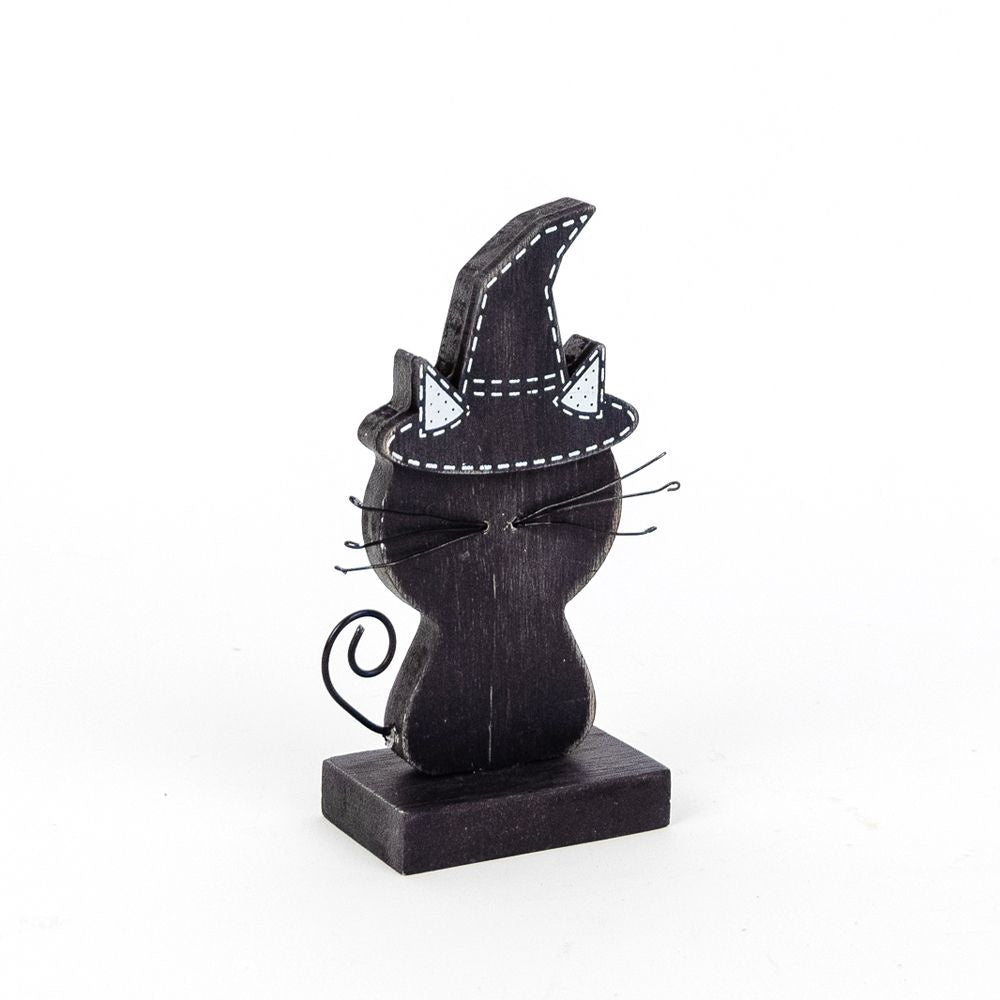 Spooky Black Cat with a Hat wooden cutout on stand 3x5x1