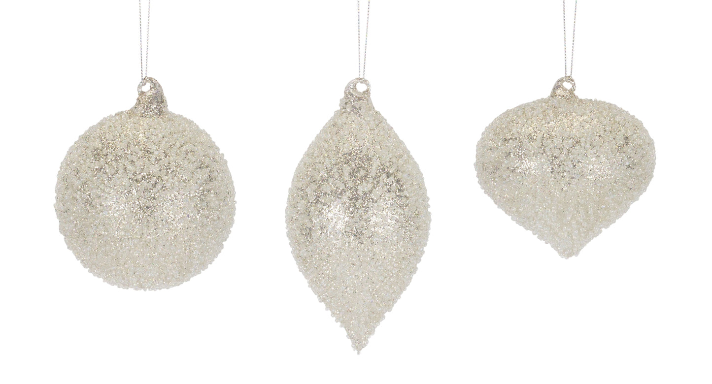 Glistening White & Silver Large Glass Ornaments 4.25"H, 5"H, 6.5"H