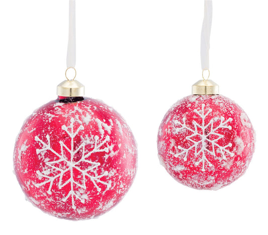 Snowy Red & White Snowflake Glass Ornament Set of Two- 3"D, 4"D