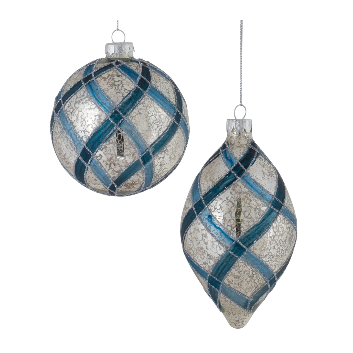 Blue & Silver Large Mercury Glass Ornaments 4.75"H, 6"H